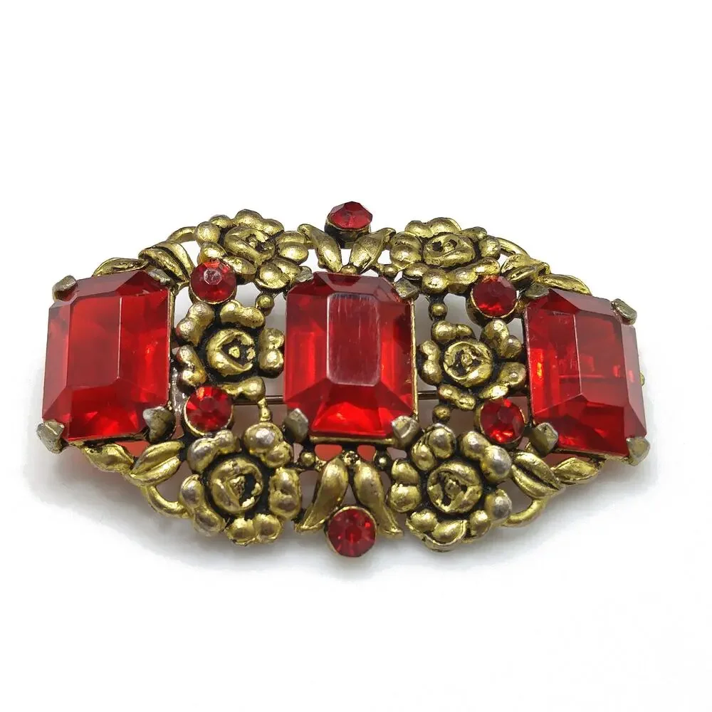 Art Nouveau Red Glass Floral Brooch, Three Red Emerald Cut Stones, 1930s Vintage